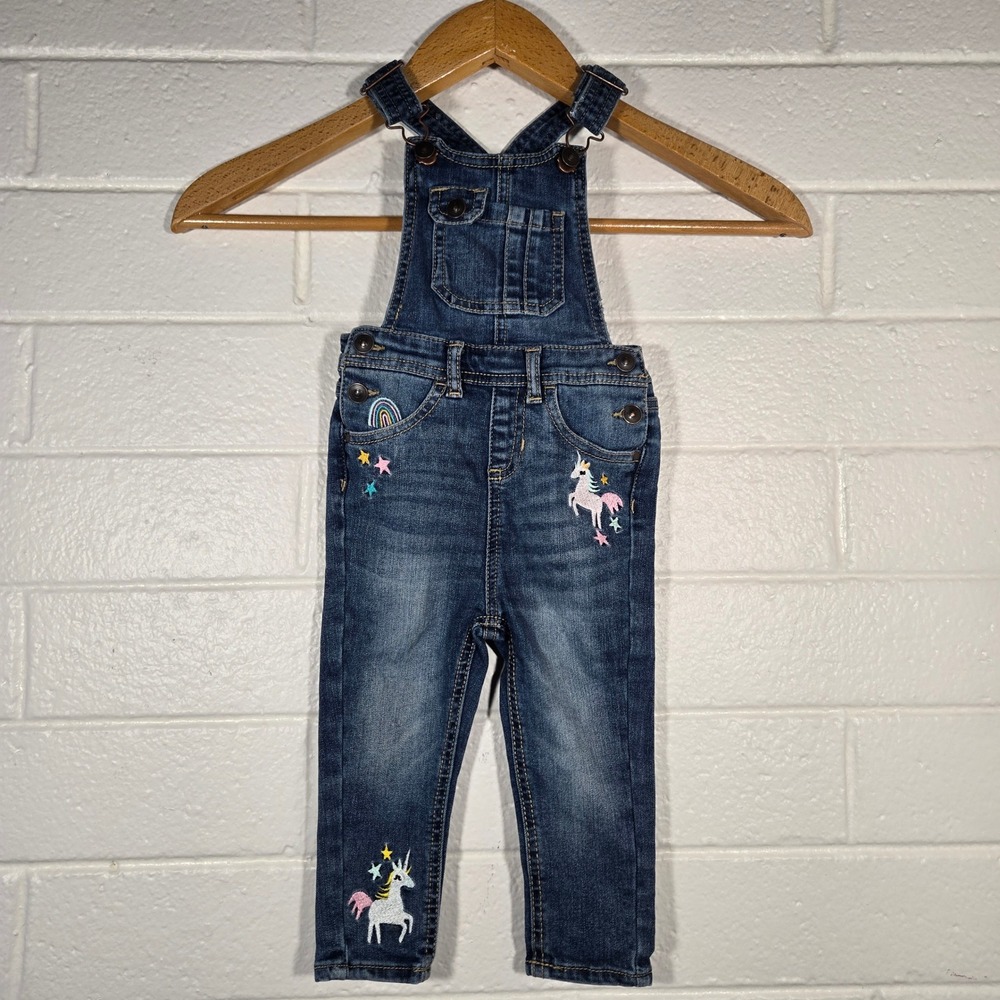 Wonder Nation Unicorn Rainbow Denim Overalls Toddler Girl 18M Embroidered Baby